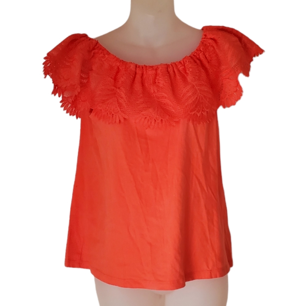 A NEW DAY Neon Orange Top Lace Neckline Covering Shoulders Small